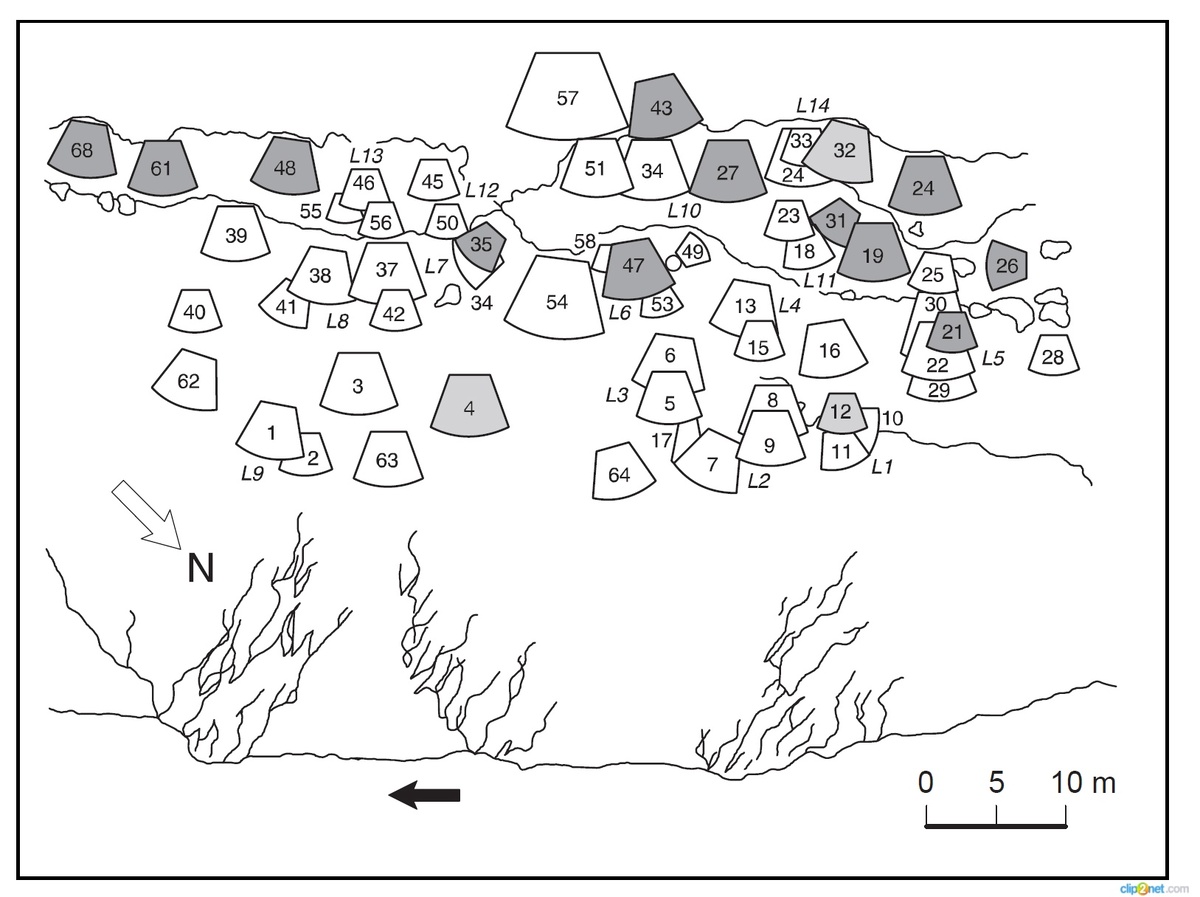 Дома в Лепенски Вир I, фаза 3 (светло-серый: дома без захоронений; темно-серый: дома с захоронениями), рубеж VII-VI тысячелетий до н.э.