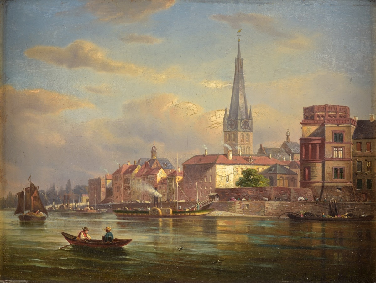 Берег Рейна с Кремерштрассе у Дюссельдорфского замка, картина Франца Штегмана, 1882 г. Открытый источник