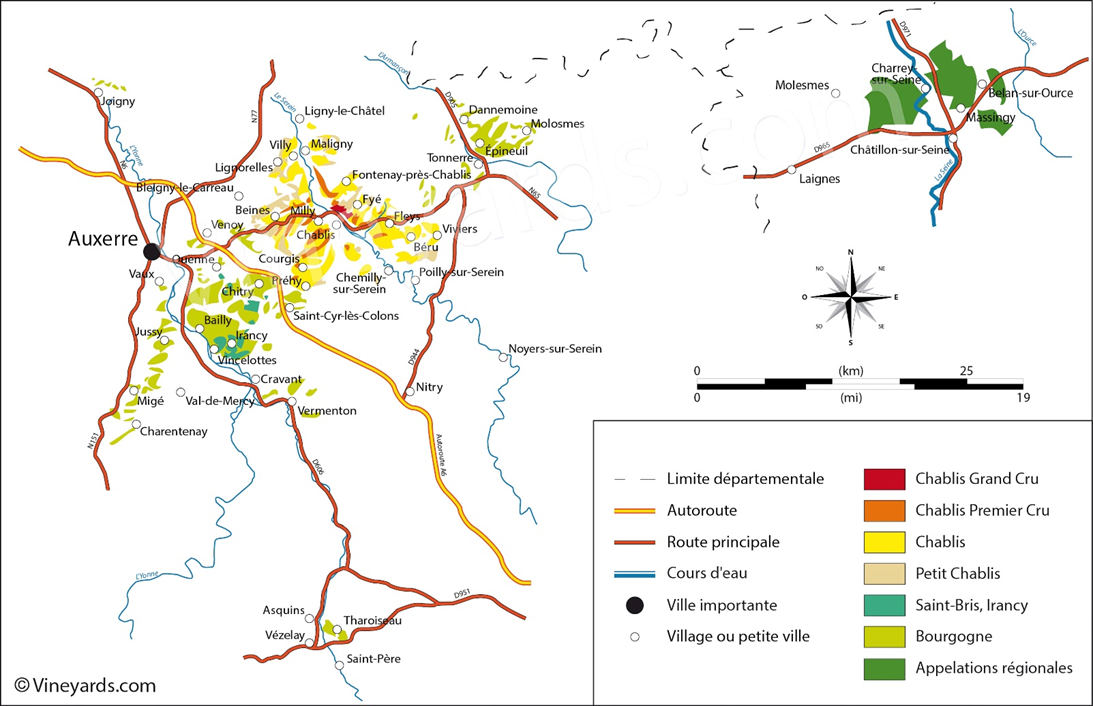 Карта винодельческих зон региона Шабли / Chablis