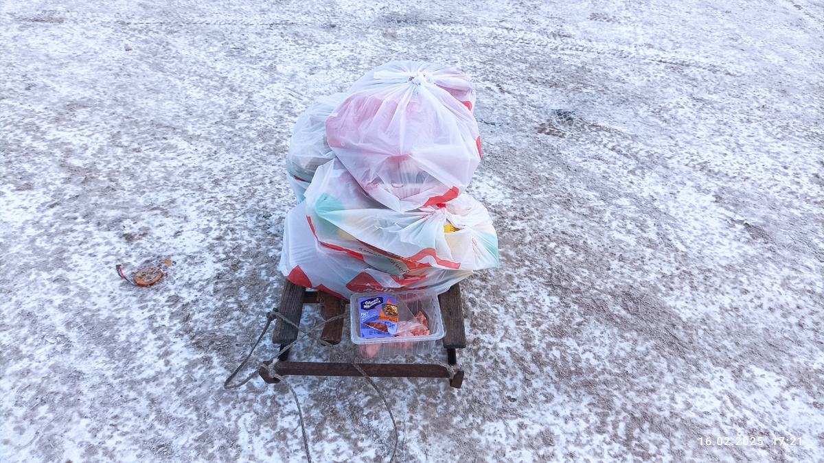 На время снега тележку заменили санки. 