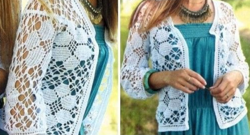 Нежный жакет крючком в филейной технике