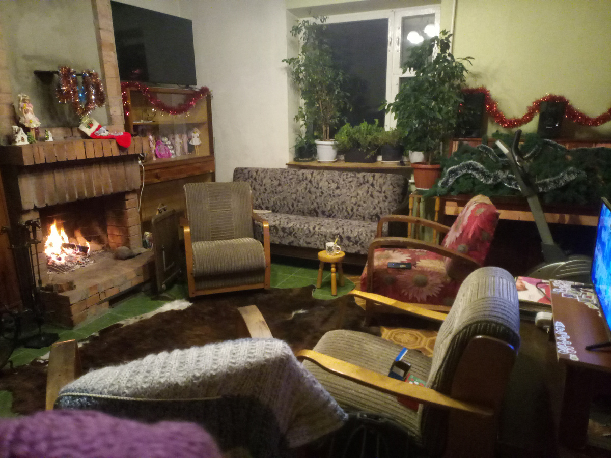 2023: мебели стало еще больше, зал оказался заставлен под завязку. Зато шкура перед камином))