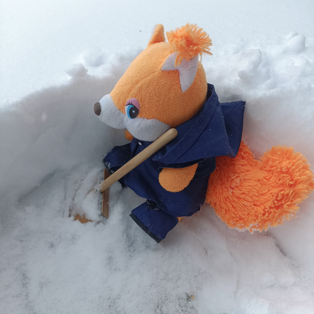 Белочка со снегоуборочной лопатой.