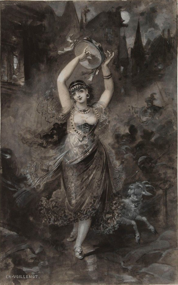 La Esmeralda dansant, illustration de Charles Voillemot pour le livret de Le Esmeralda, drame tiré du roman de Victor Hugo Notre-Dame de Paris, vers 1882.