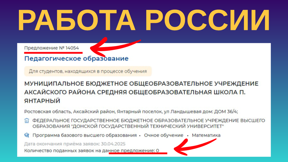 Пример предложения работодателя с платформы "Работа России". Настоятельно рекомендуем связаться с заказчиком. Внизу видно, что пока никто не откликнулся на данное предложение