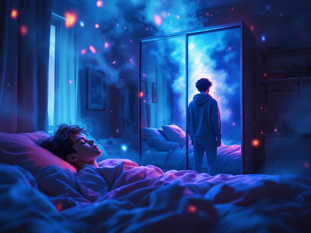    К чему такое снится: В своей картине я изобразил студента, стоящего перед зеркалом во весь рост на шкафу-купе в комнате общежития. Зеркало слегка качается, отражение молодого человека вы