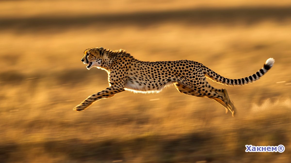 Гепард разгоняется до 100 км/ч всего за несколько секунд. Его хвост помогает сохранять баланс, а невтяжные когти обеспечивают максимальное сцепление с землёй.