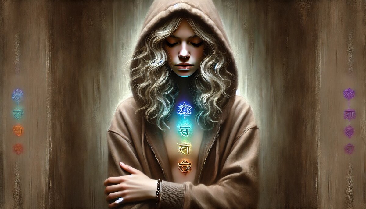 Девушка ощущает страх, неуверенность и нестабильность. Она выглядит закрытой, с выражением тревоги, беспокойства и эмоциональной неустойчивости. Руки сложены или прижаты к телу, как символ защиты и избегания. Чакра Мулдхара тускло светится или почти не светится, символизируя её блокировку. Мрачные, темные оттенки — коричневые, черные и серые, символизирующие эмоциональную изоляцию и потерю связи с Землёй.
