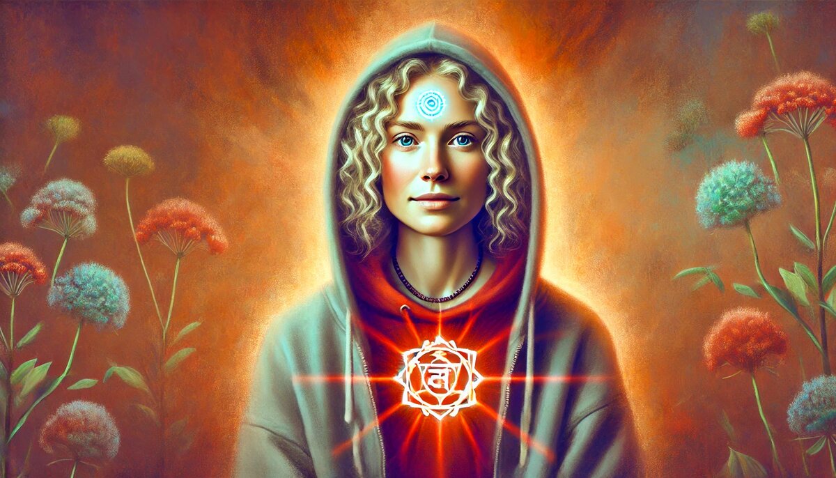 Девушка начинает ощущать первые признаки уверенности и безопасности. Её выражение становится немного более уверенным, но с намеком на внутреннюю борьбу.
Она началала расправлять плечи, что символизирует попытку раскрыться и освободиться от блокировок. Чакра Мулдхара начинает светиться тусклым красным светом.
Фон светлеет, появляются тёплые оттенки коричневого и красного - это первые шаги к внутренней гармонии.