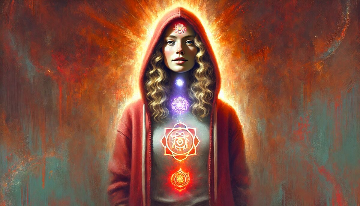 Девушка излучает уверенность, спокойствие и силу. Она стоит с открытым и уверенным выражением, её тело расслаблено и полно энергии. Чакра Мулдхара светится ярким красным светом символизируя полную активацию энергии и внутреннюю силу.
Фон изображён в ярких и насыщенных оттенках коричневого, оранжевого и красного, создавая атмосферу силы, уверенности и энергетической гармонии.