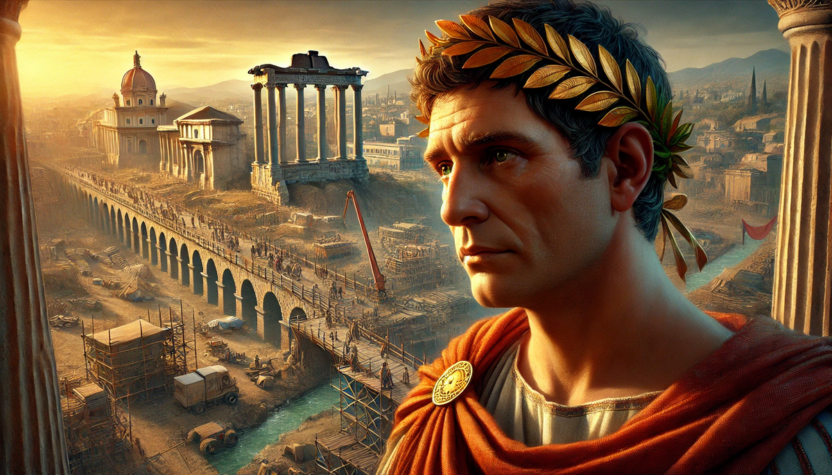 Цезарь на фоне стройки Карфагена. Сгенерировано ИИ.