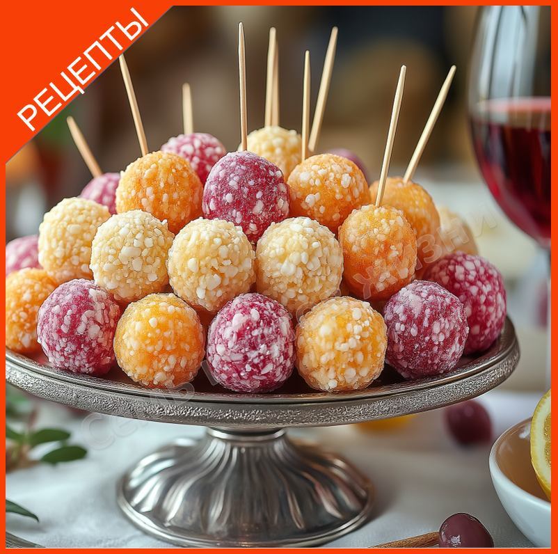 Яркие сырные шарики на праздничном столе, украшенные зеленью и лимоном.