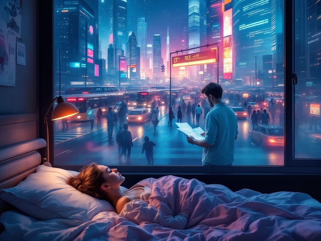    К чему такое снится: На картине изображён человек, стоящий на оживлённой автобусной остановке в огромном, неизвестном городе с высокими зданиями. Он внимательно смотрит на карту в своих