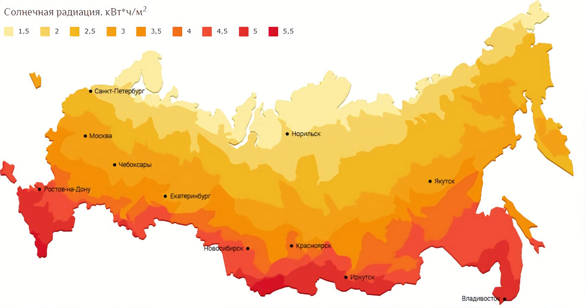 Средний уровень солнечной радиации (инсоляция) на карте России. Изображение из общедоступного сайта hitech-house.com