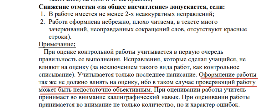 Выдержка из Положения об оценивании 