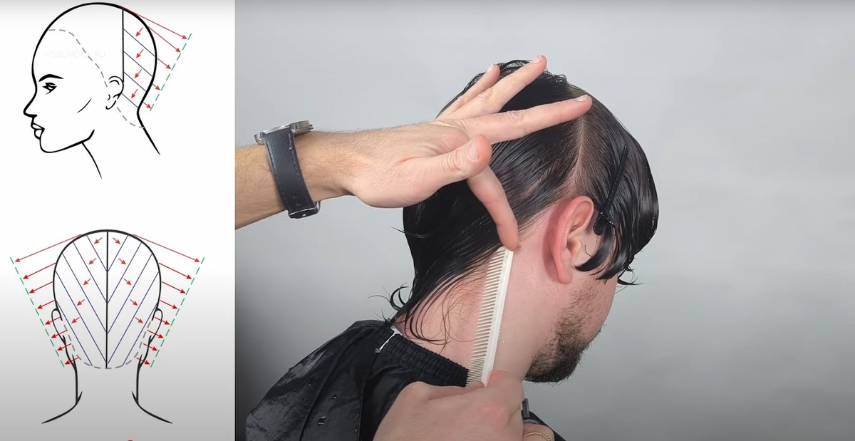 На этапе создания формы важно определить высоту линии и плотность. Линия должна расширяться к лицу и сужаться к центру затылка. Используем диагональные проборы для создания круглой градуировки. Это придаст стрижке лёгкость и подвижность.