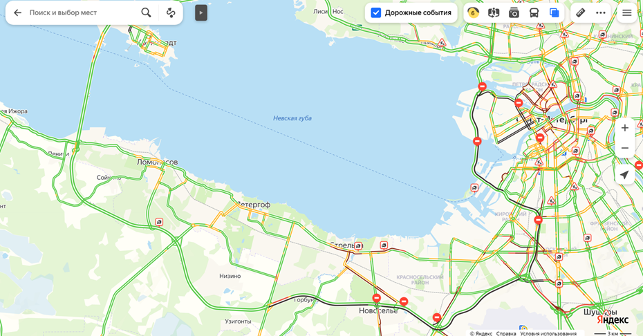    Перекрытия дорог в Петербурге 19 февраля 2025 года на фоне визита президента РФ Владимира Путина. Автор фото: "Яндекс Карты"
