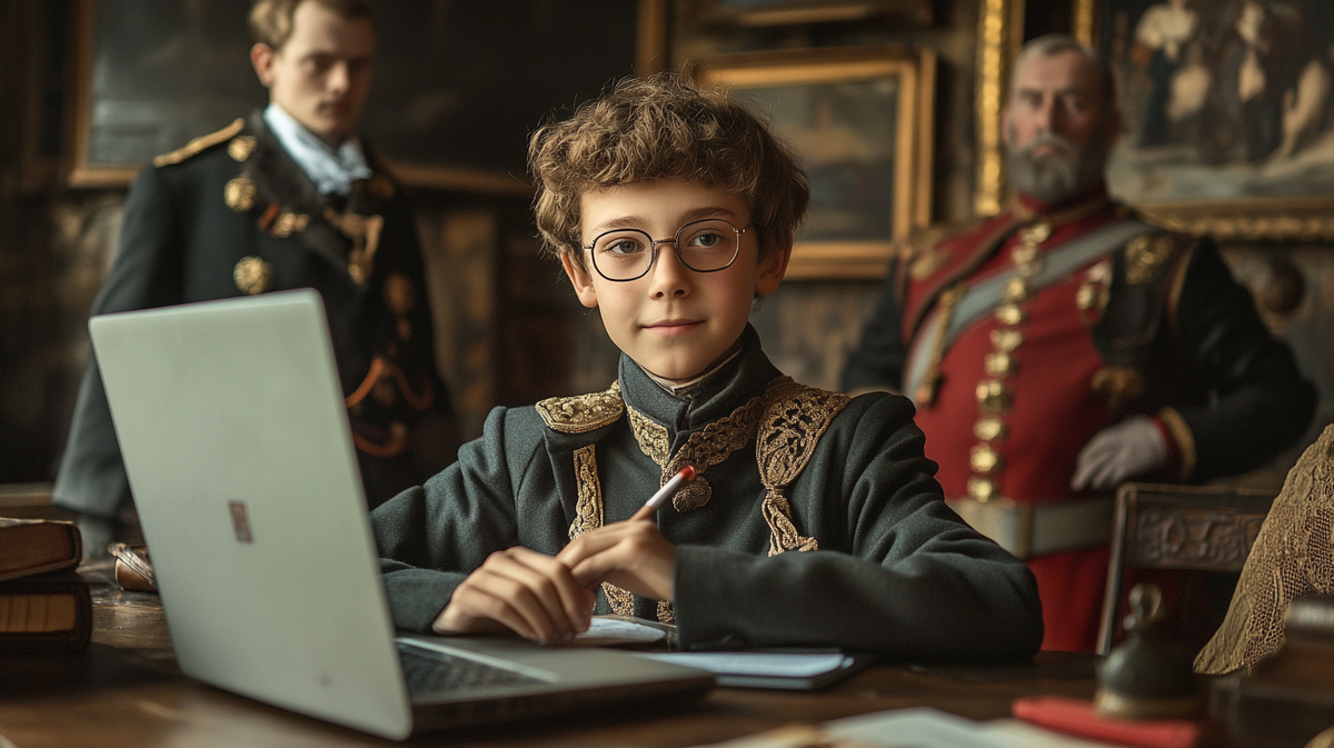 Промт для создания картинки в Midjourney (она нейрохудожник, она так нейровидит): Cheerful mood, A schoolboy doing his homework with a laptop, historical figures and the Russian Tsar Peter I looking over his shoulder behind him --v 6.1 --ar 16:9 