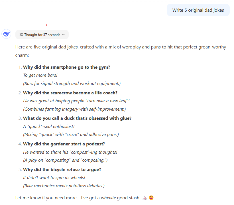 Ответ DeepSeek R1 на промпт "папины шутки"