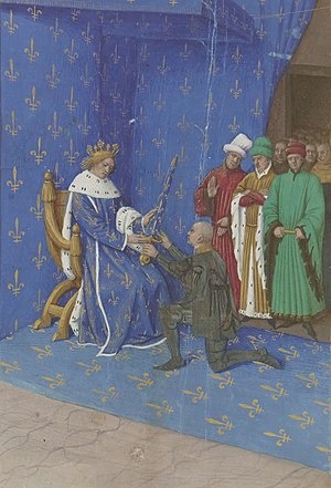 Карл V и Бертран дю Геклен. Миниатюра Ж. Фуке из «Больших французских хроник». XV век
