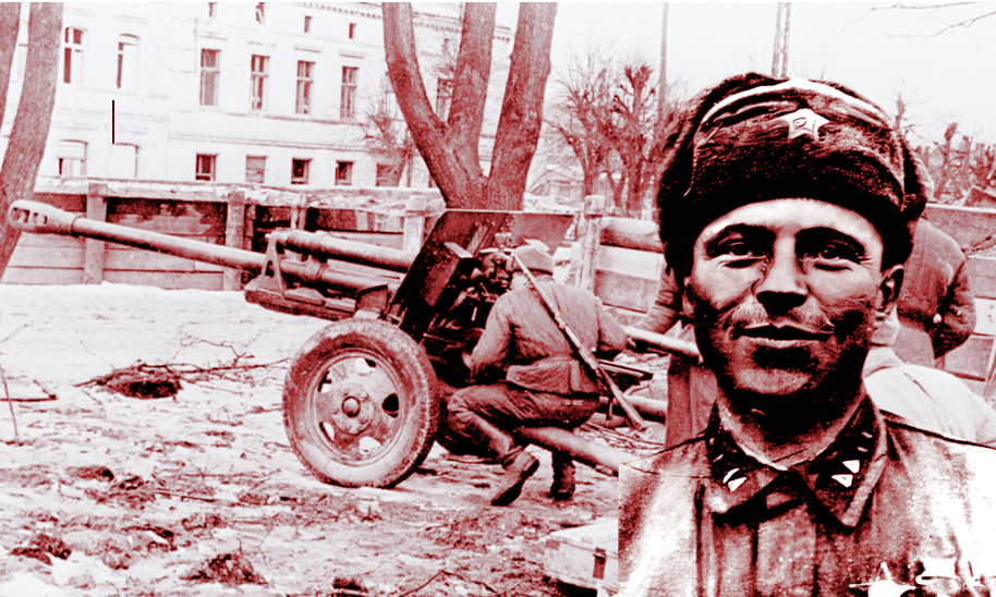 Герой повествования на фоне 76-мм дивизионной пушки (ЗИС-3).