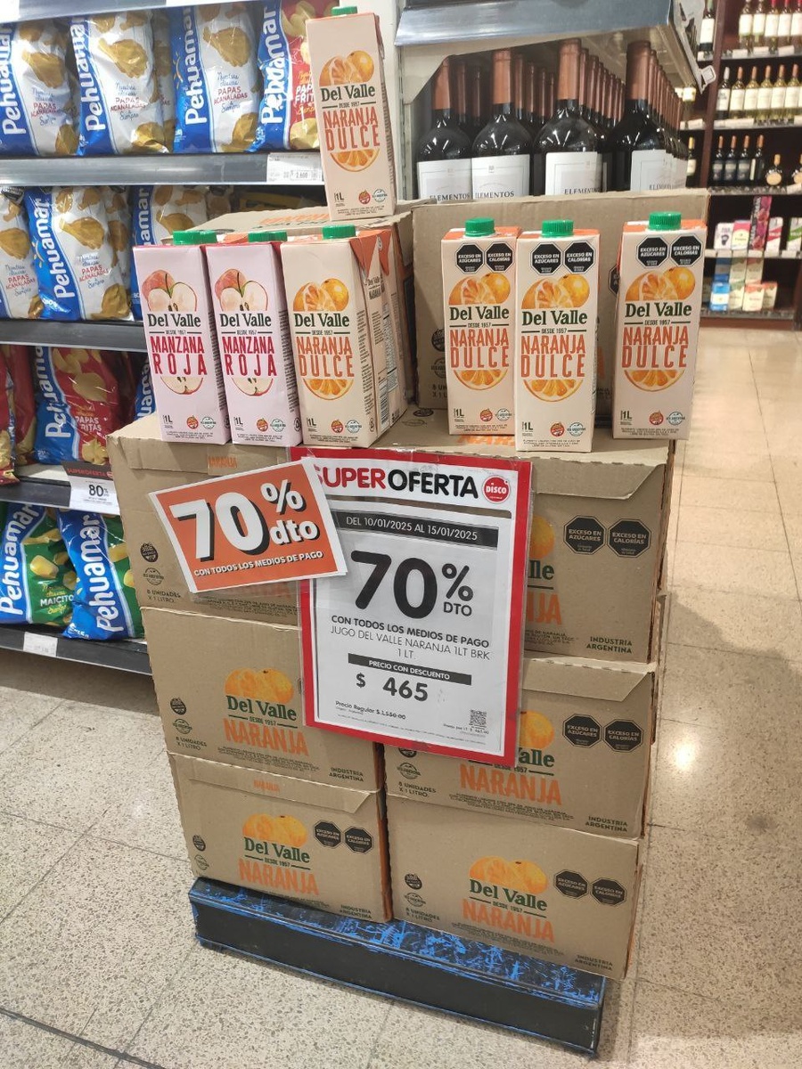 Литр сока по скидке - 34 рубля.