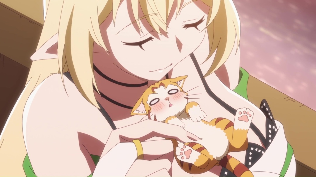 Кадр из аниме "Я монстр S-класса Бегемот, но меня перепутали с котом, и я живу у эльфийки"