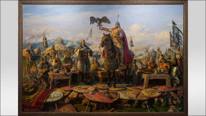 Столь любимая Мухетдиновым картина "Пир монгольских военачальников Чингисхана во главе с Джэбэ и Субэдэем после победы над объединённым русско-половецким воинством на Калке 31 мая 1223 года". Скриншот: интернет-сайт dumrf.ru