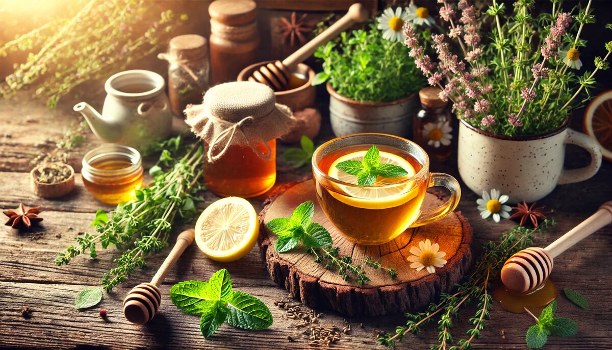 Традиционный китайский чай с целебными травами на деревянном столе. Натуральные методы оздоровления, вдохновлённые древними практиками. Польза травяных настоев для здоровья и долголетия.