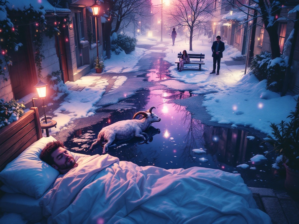    К чему такое снится: На картине изображена сцена с лужей и тающим снегом на улице. По луже плывет убитый баран, который внезапно воскресает и начинает бегать, говоря человеческим голосом