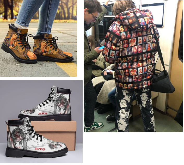 Примеры кощунственных предметов: обувь с иконой Божией Матери и ликом Христа в терновом венце; куртка с иконками Спасителя на пассажире московского метрополитена
