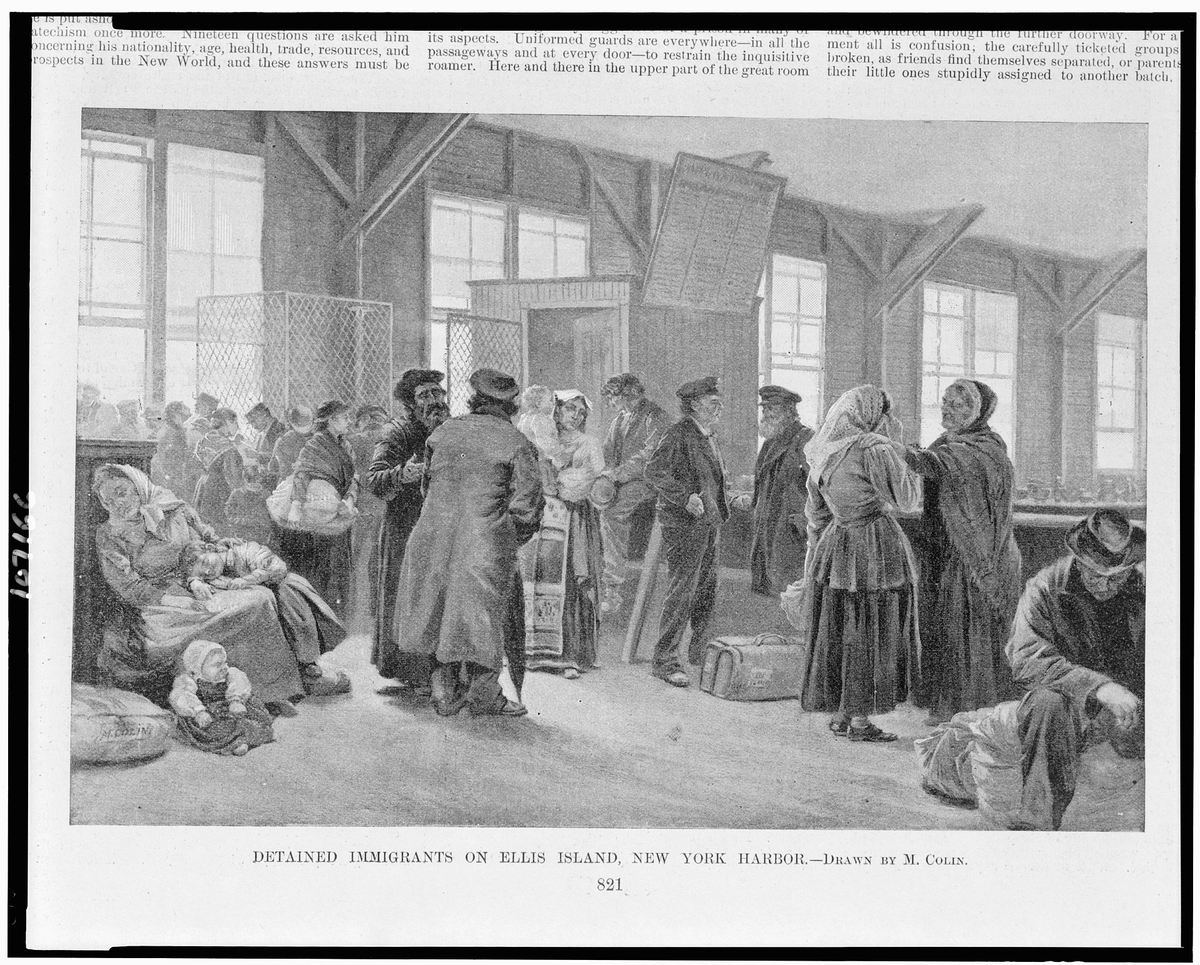Задержанные иммигранты на острове Эллис, гавань Нью-Йорка. Рисунок М. Колина.
