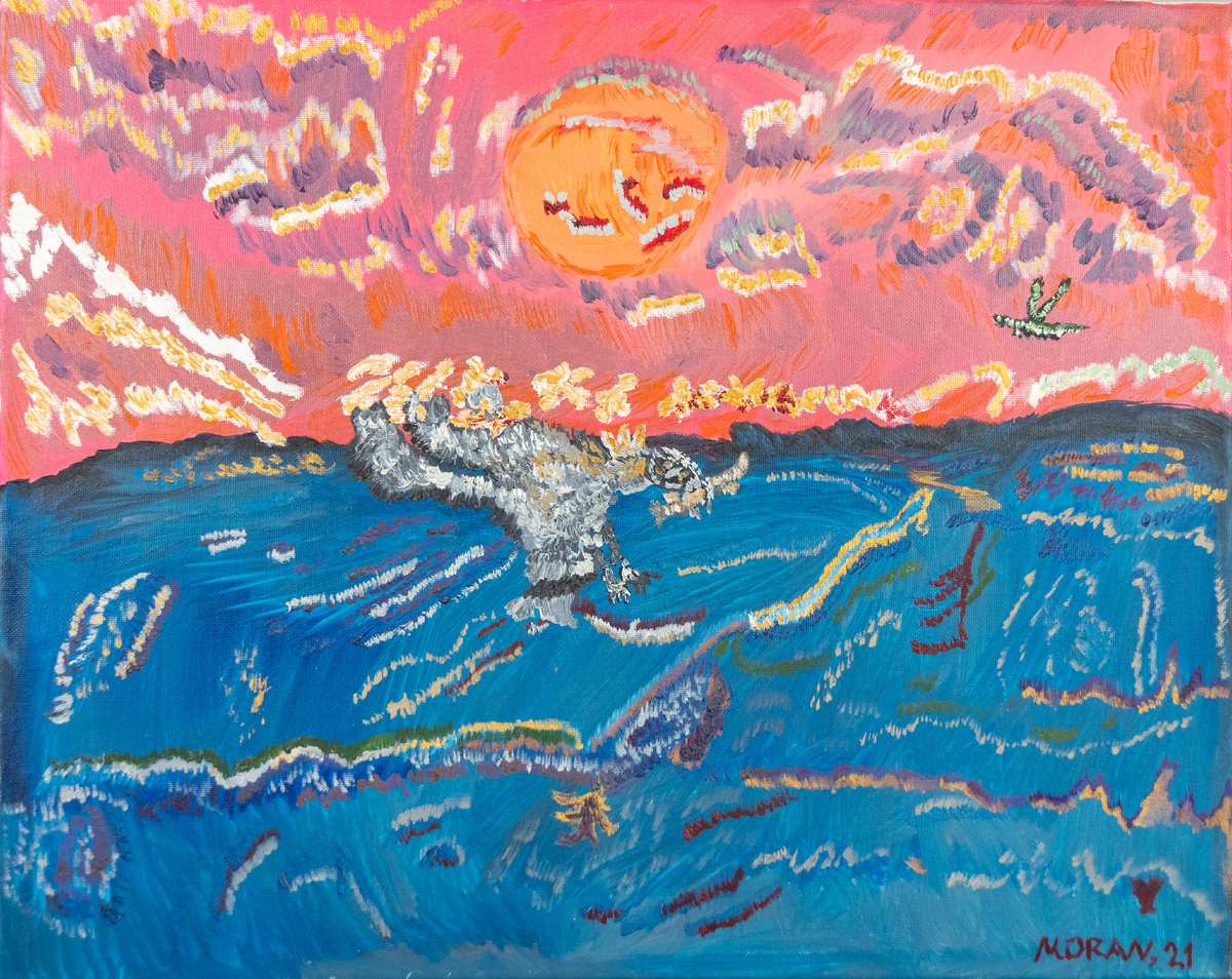 Это полотно — как окно в бескрайнее небо. Облака, написанные маслом, растворяют тревоги, а силуэт чайки напоминает: груз проблем можно отпустить. В данном случае, акцент именно на небе, не на море. На это также указывают насекомые и направление ветра.