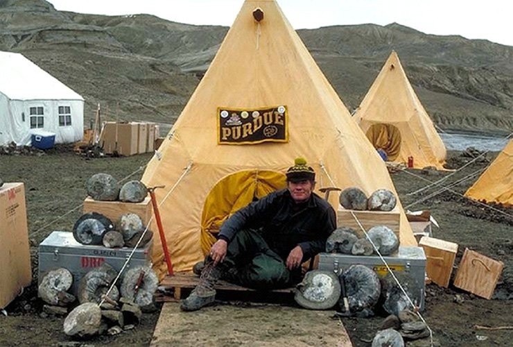 Уильям Зинсмайстер в 1982 году позирует с коллекцией аммонитов. 