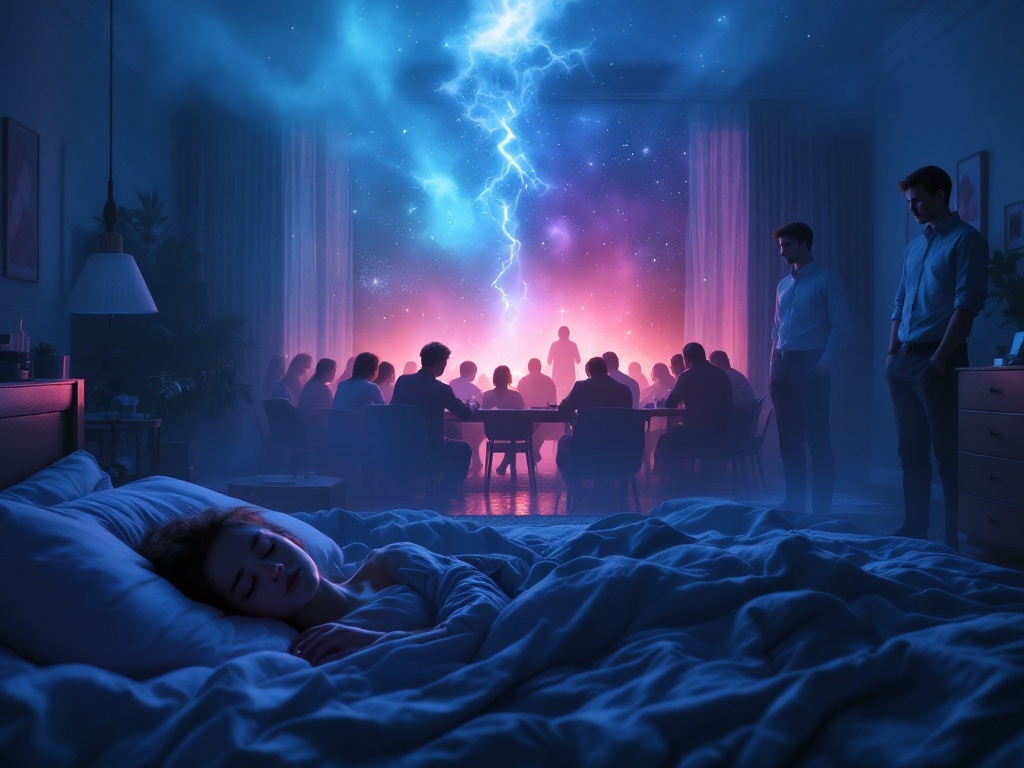    К чему такое снится: На картине изображена религиозная встреча в гостиной дома с группой людей, собравшихся вокруг. Справа два молодых человека в штатском наблюдают за сценой, создавая а