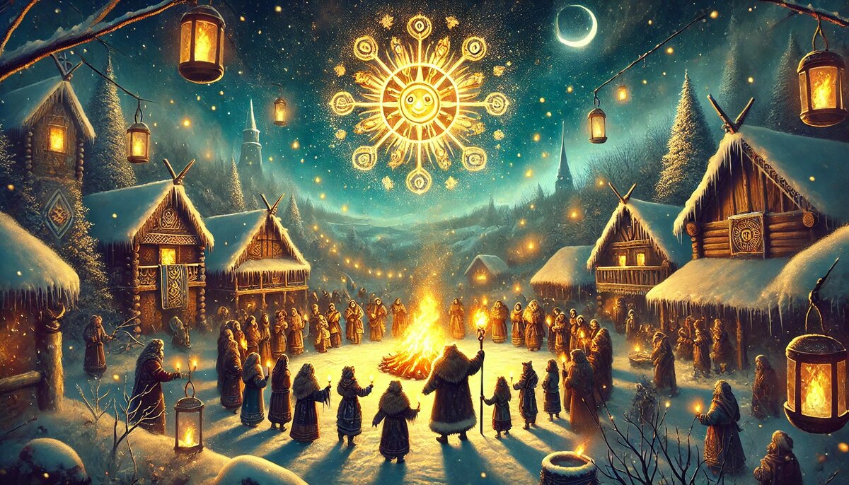 Сурьянин день. Атмосфера волшебства заснеженная деревня освещена кострами, люди в традиционных нарядах водят хороводы, а на небе сияет солнечный символ, олицетворяющий возрождение света.