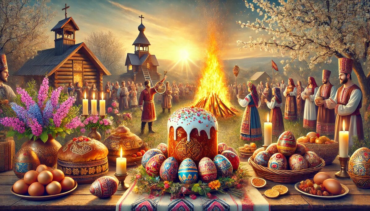 Славянская Пасха красочные писанки, золотистый кулич, творожная пасха, костёр в честь победы света над тьмой, а вокруг него – хороводы в традиционных нарядах. Весенний пейзаж и восход солнца.