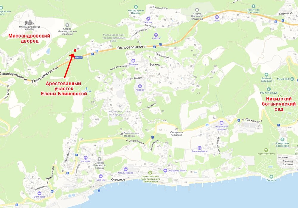    Участок, принадлежащий Елене Блиновской находится на горном склоне в окрестностях Ялты. Фото: Яндекс карты