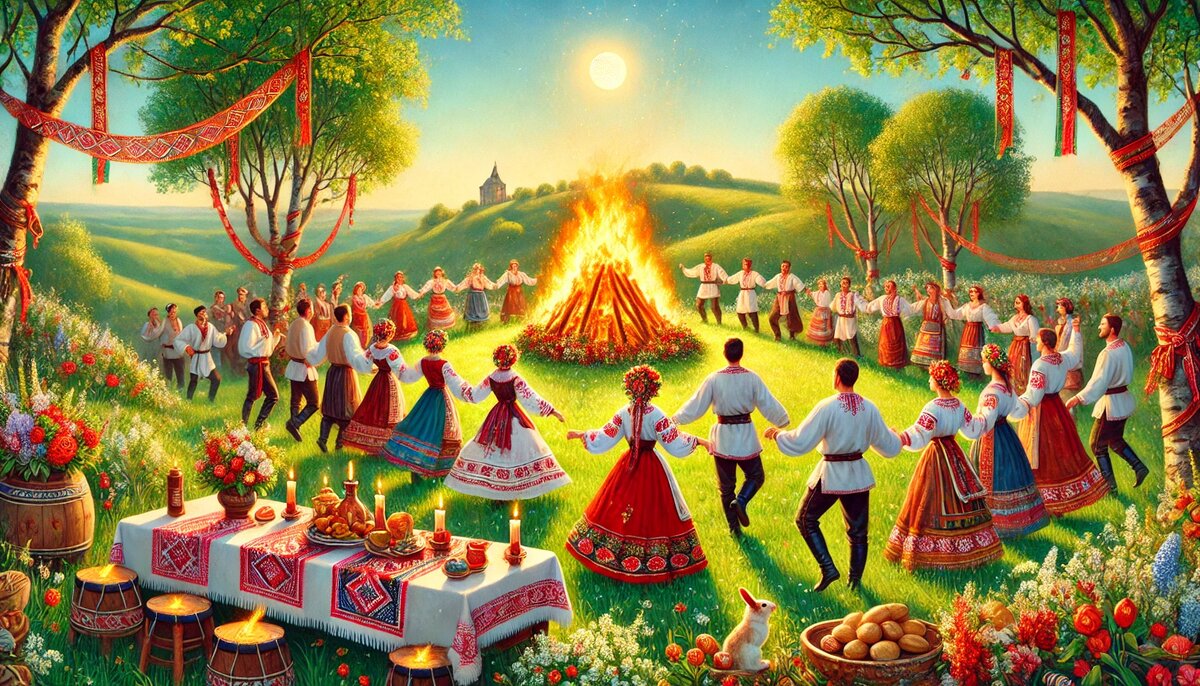 Праздник Красная Горка – радостное весеннее торжество с традиционными славянскими костюмами, хороводами у костра и угощениями.