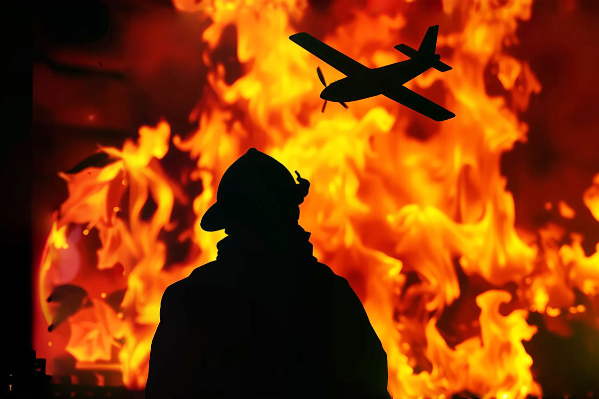 Летательный аппарат загорелся.  Фото: Изображение сгенерировано нейросетью Kandinsky 3.1