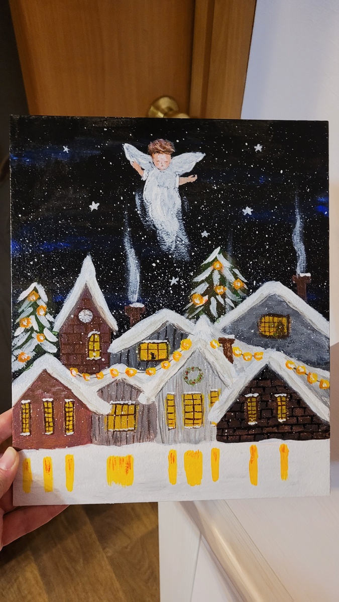 Рождественские домики и ангелок. Я прекрасно понимаю, что мой рисунок очень по-детски сделан. И ангела мне помогали рисовать. Но я собой горда)))