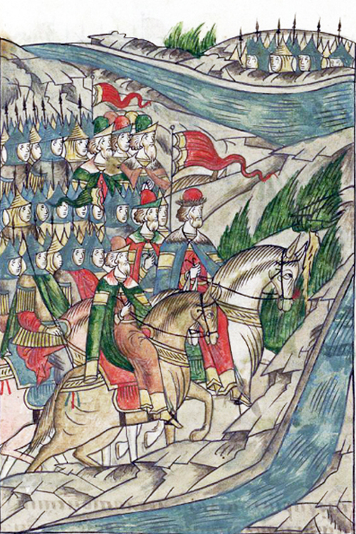 Дмитрий Донской на пути к Куликову полю. Миниатюра из Лицевого летописного свода, XVI в