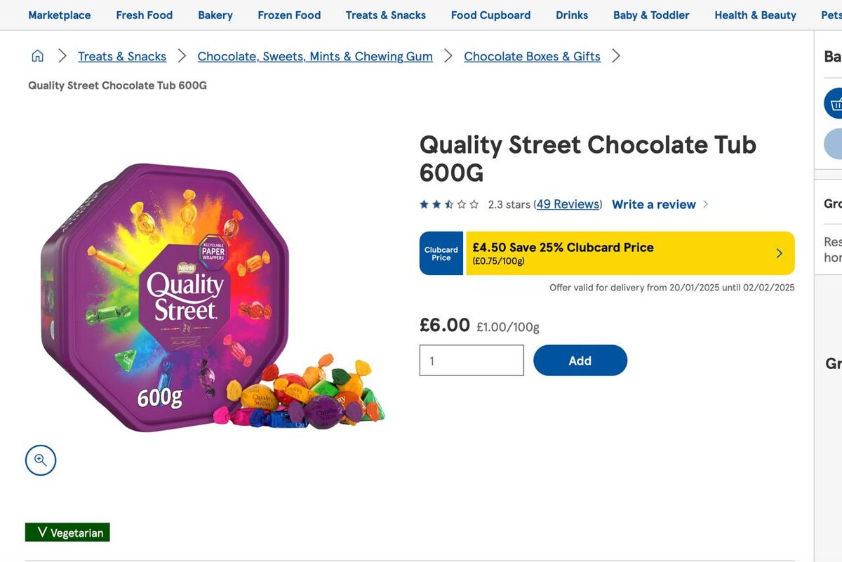 Скриншот с сайта магазина. 1 коробка конфет (600 г) стоит 4.5 фунта по карте и 6 фунтов без карты лояльности