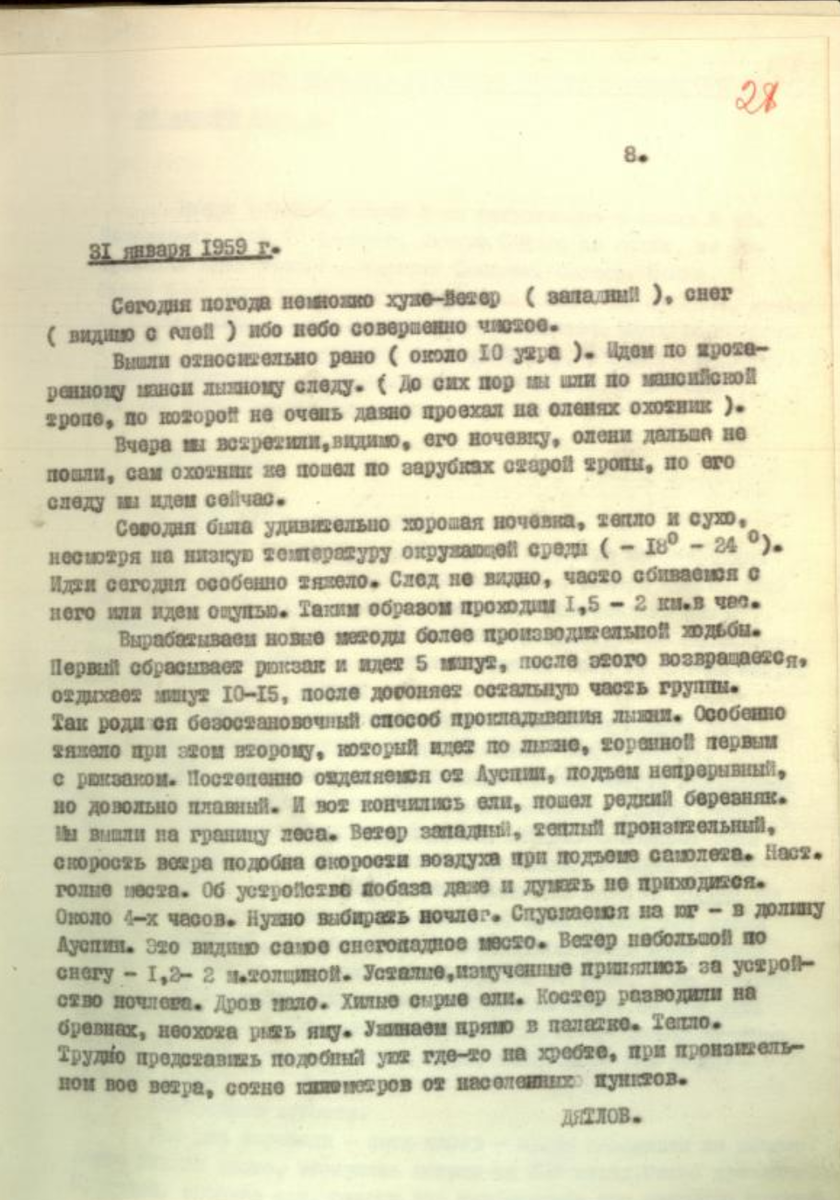 Лист 28 УД. Страница дневника за 31.01.1959 года