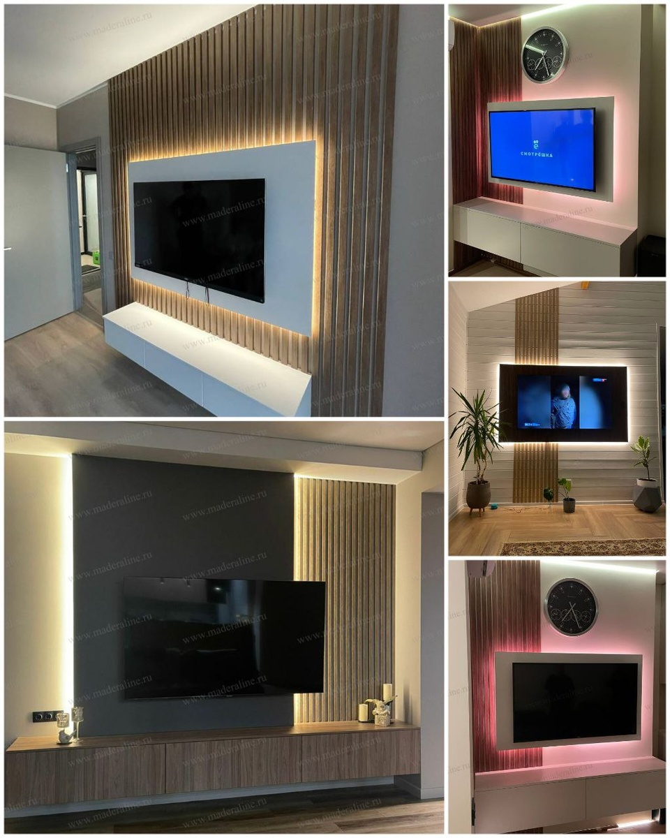 Парящие стеновые панели с торцевой подсветкой и декоративными рейками