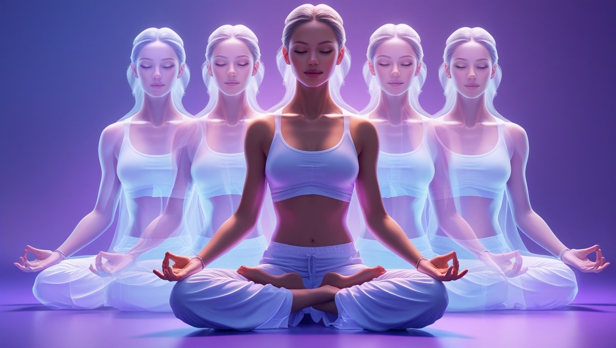 Женщина в медитации, окруженная образами прошлых жизней, символизирующими исцеление от страхов