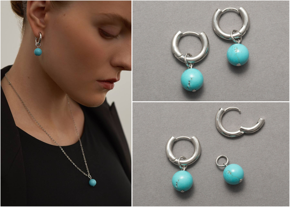 Серьги-трансформеры и подвеска на цепочке, турквенит, родий. 