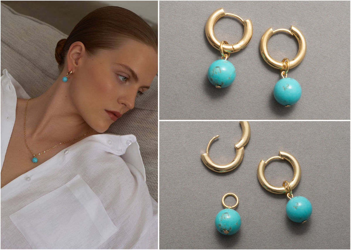 Серьги-трансформеры и подвеска на цепочке, турквенит, позолота.