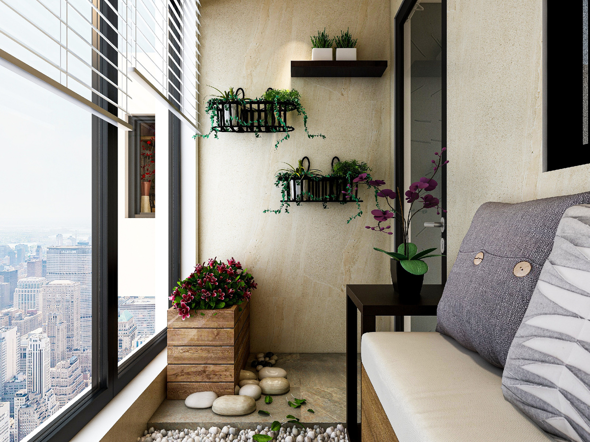 Сочетание минимализма и эко-стиля на балконе