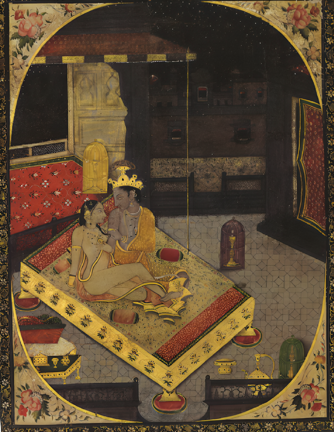 Кришна и Радха на кровати. Изображение: 1830, Пенджаб